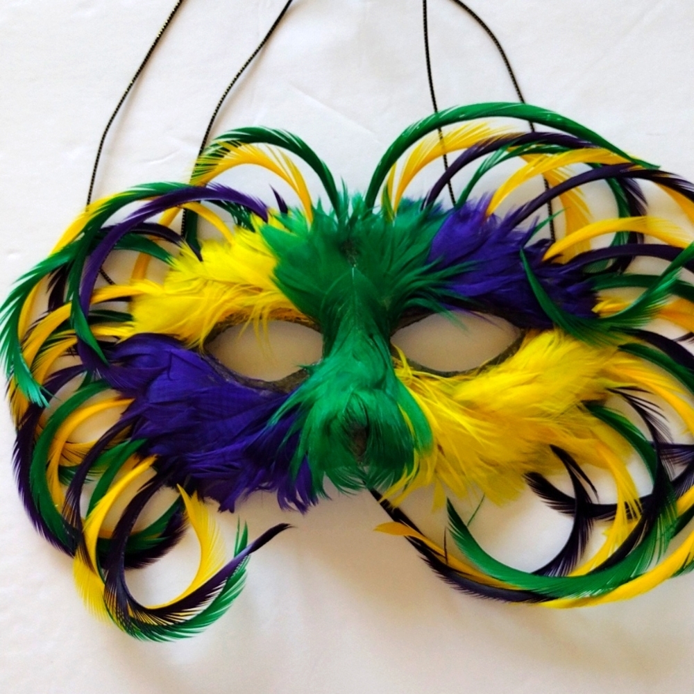 Mardi Grass Mask Purple‎ Yellow Green with Feathers and Adjustable Elastic